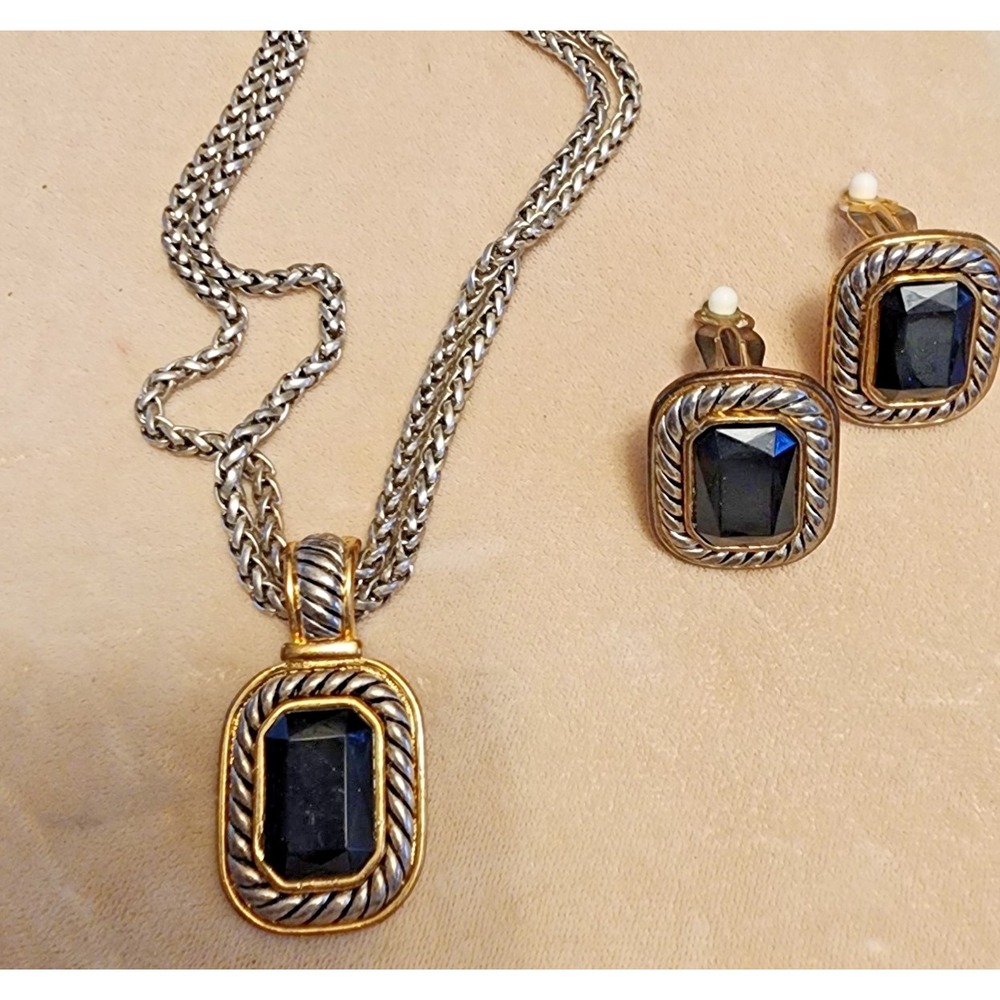 Silver & Gold Colored Pendant Necklace & Clip-On Earrings w/Black Rhinestones